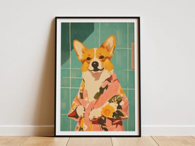 Corgi Dog Bathrobe Bathroom Wall Art