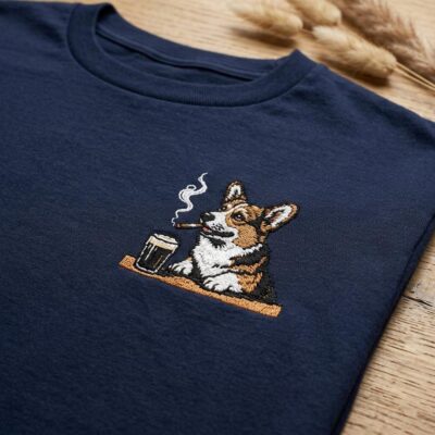 Corgi Dog Smoking Whiskey Embroidered T-shirt