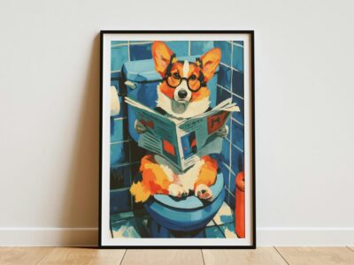 Corgi Reading Newspaper on Toilet Wall Art