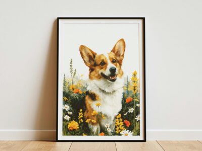Happy Corgi in Wildflower Meadow Wall Art