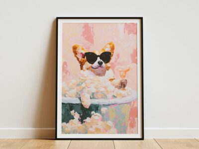 Corgi in Bubble Bath with Cocktail Wall Art