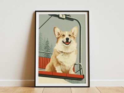 Corgi Dog on Ski Lift Art Print Winter Wall Art