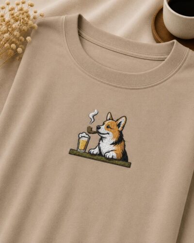 Corgi Drinking Beer Embroidered T-shirt