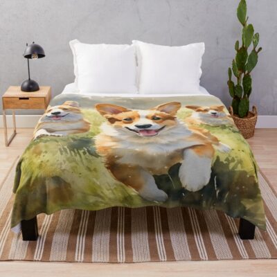 Happy Corgis Watercolor Throw Blanket