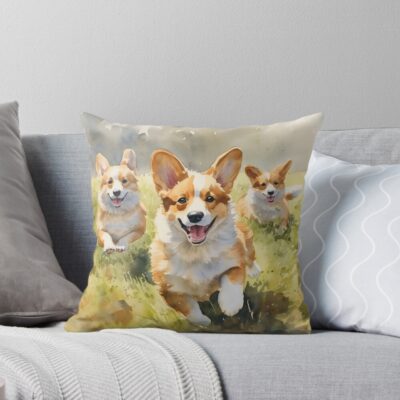 Happy Corgis Watercolor Throw Pillow