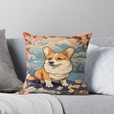 Japanese Art Corgi Dog Throw Pillow