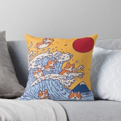 The Great Wave Of Corgis Throw Pillow