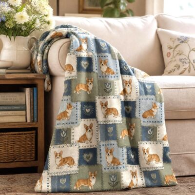 Corgi Woodland Heart Pattern Throw Blanket