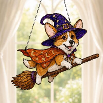 Corgi Witch Halloween Acrylic Suncatcher