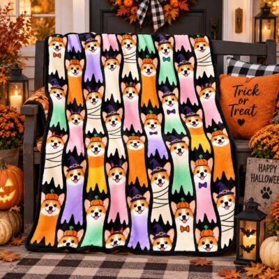 Corgi Ghost Halloween Sherpa Blanket