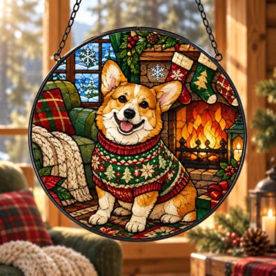 Corgi Christmas Stained Glass Suncatcher