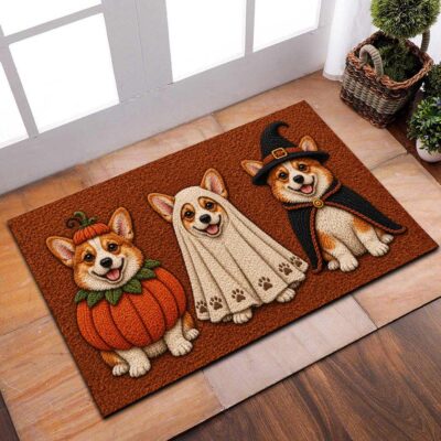 Corgi Ghost Pumpkin Witch Halloween Doormat