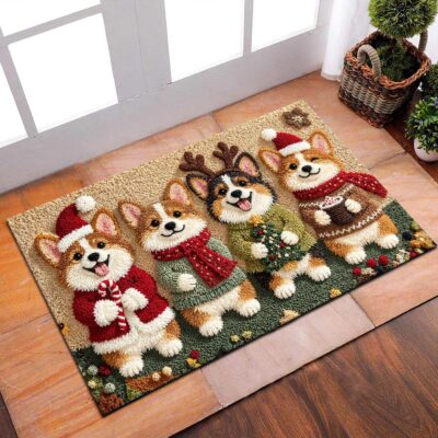 Corgi Faux Embroidered Festive Christmas Doormat
