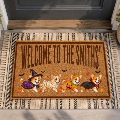 Corgi Spooky Halloween Family Name Custom Doormat