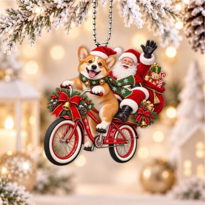 Corgi Santa Bike Christmas Hanging Ornament